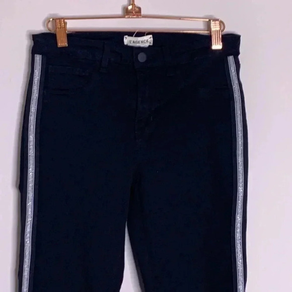 L'Agence Margot Tuxedo Stripe High Rise Skinny Jeans Black Silver Size 26 - Picture 3 of 8